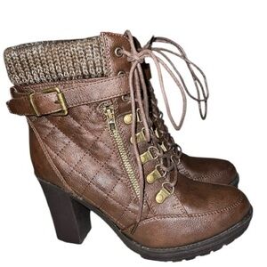 Brown Quilted lace up and zip Ankle Boots
